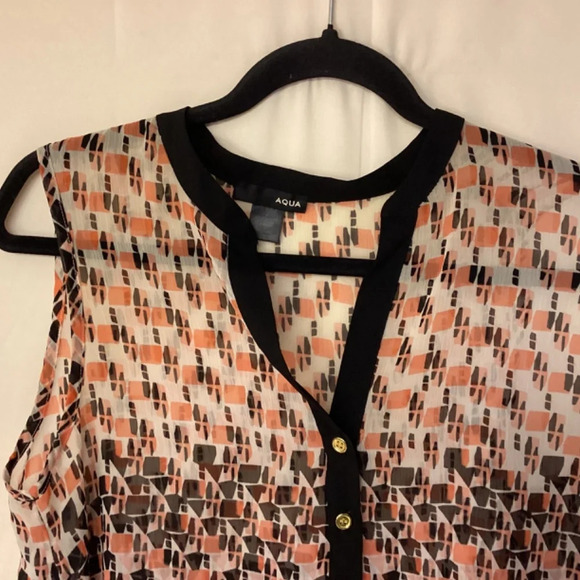 Aqua blouse SZ M sheer hi-low hem abstract print button down causal offi… - Picture 2 of 8